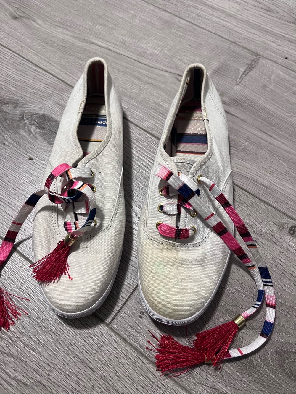 Kate Spade Keds Women’s White Canvas Sneakers with Pink Tassel Laces